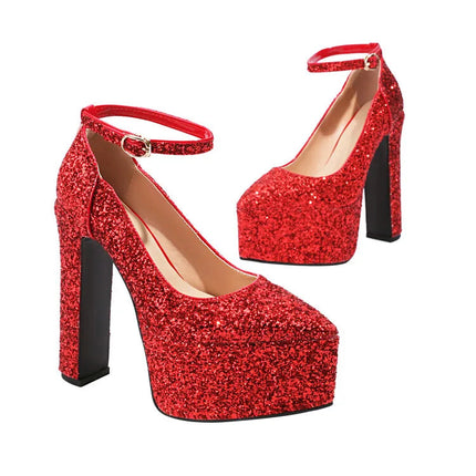 Ochanmeb Bling Bling Silver Gold Glitter Shoes Woman Ultra High Heels Platform Buckle Sequin Red Pumps Ladies Party Prom Wedding PlatiNum