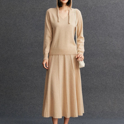 TLOML Luxury Women's 100% Cashmere Skirt Pleated Mid-Calf Skirt Autumn Winter Office Lady Grace Style Skirt Cashmere Knitwear PlatiNum