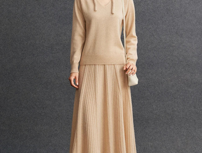 TLOML Luxury Women's 100% Cashmere Skirt Pleated Mid-Calf Skirt Autumn Winter Office Lady Grace Style Skirt Cashmere Knitwear PlatiNum