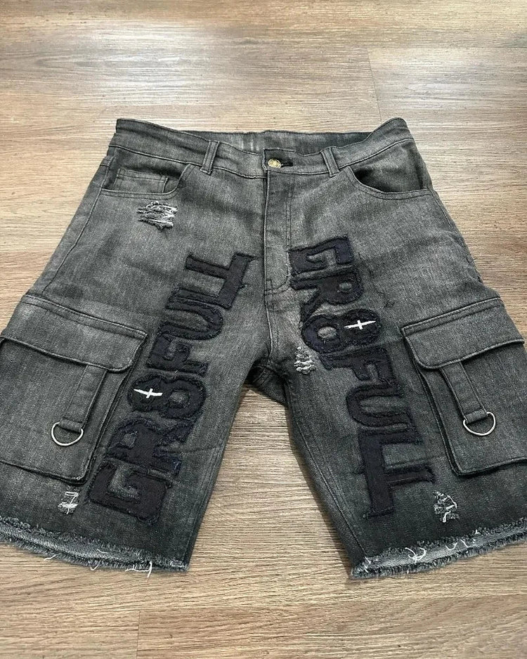 American Vintage Popular New Pattern Embroidery Baggy Denim Shorts Men Street Fashion Gothic Casual Joker Shorts Women Clothing PlatiNum
