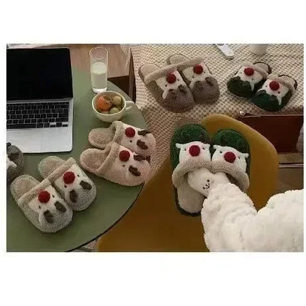 Winter Christmas Women Home Slippers Men Indoor Soft Non-slip Sandals Couples Warm Plush Flat Slides Adults Unisex Lovely Shoes