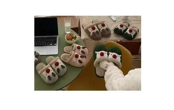 Winter Christmas Women Home Slippers Men Indoor Soft Non-slip Sandals Couples Warm Plush Flat Slides Adults Unisex Lovely Shoes