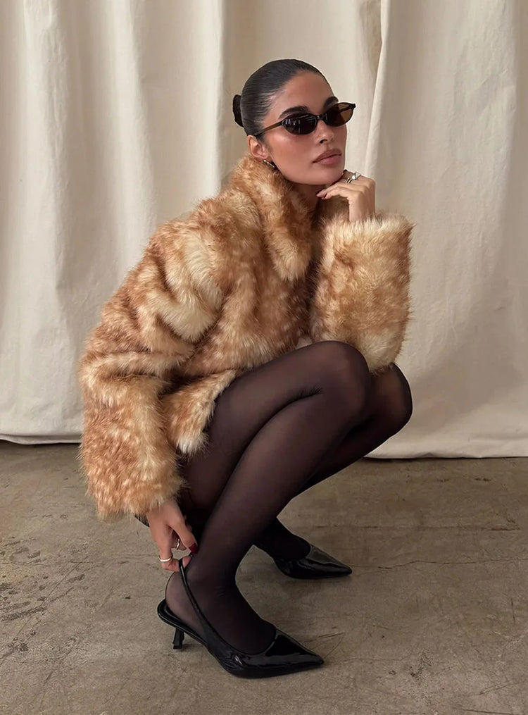 ZADORIN Chic Turn Down Collar Deer-print Cropped Fluffy Faux Fur Coat Woman Elegant Warm Faux Fur Jackets Woman Winter Coat Tops
