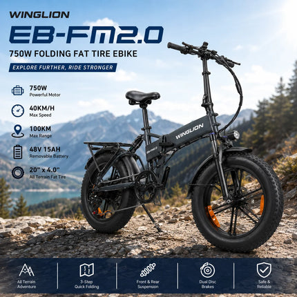 Nuova Bicicletta Elettrica Pieghevole WINGLION eb-fm2.0, Motore 720W, Batteria 48V 15AH, Pneumatici Larghi 20 "x4.0, Freno Idraulico, Ideale per Adulti, Città, Casa, Lavoro
