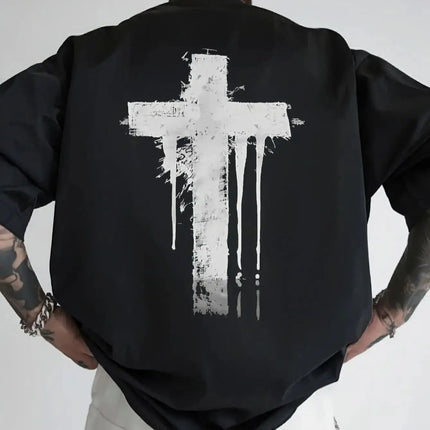 Men's Distressed White Cross Back Print T-Shirt - Black Casual Short Sleeve Round Neck Top PlatiNum