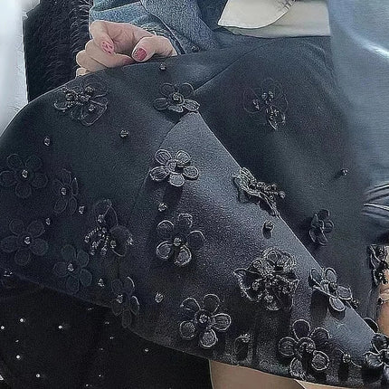 Luxury Style Beaded Woolen Trumpet Faldas 2025 Winter Autumn Thickend Warm Skirt High Waist Mid-length Skirt For Women Clothes PlatiNum