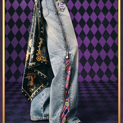 Jeans JoJo Anime con Pannelli Staccabili, Vita Alta, Gamba Larga, Stampa Denim, Viola e Oro, Patchwork, Taglio Dritto, per Uomo e Donna