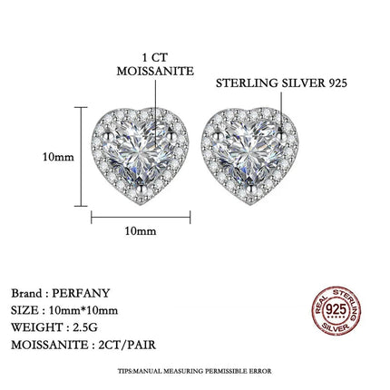 PERFANY 0.5CT-2CT Heart-Shaped Cut Moissanite Earrings For Women S925 Pure Silver Simulated Diamond Earrings Fashion Jewelry PlatiNum