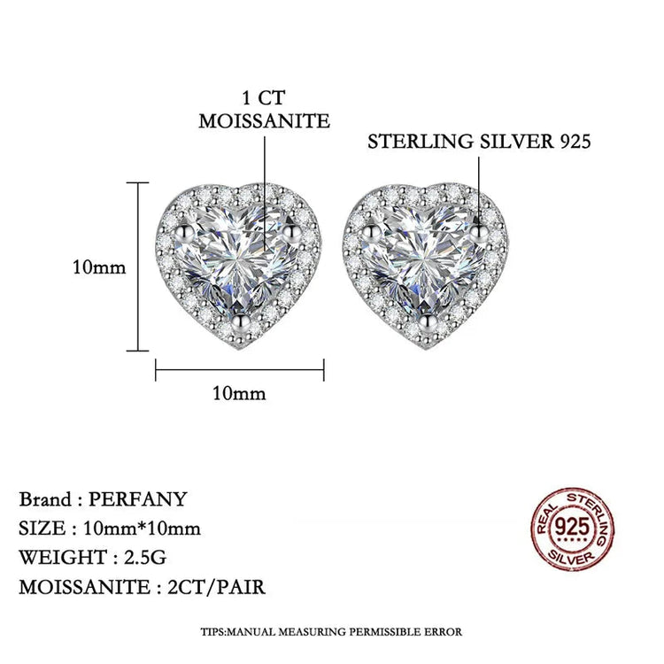 PERFANY 0.5CT-2CT Heart-Shaped Cut Moissanite Earrings For Women S925 Pure Silver Simulated Diamond Earrings Fashion Jewelry PlatiNum