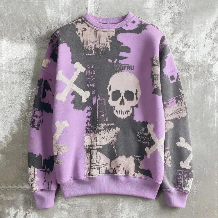 Men's Skull Print Sweatshirt Street Style Retro Graffiti Fashion Pullover Autumn Harajuku Style Casual Loose Crew Neck Top