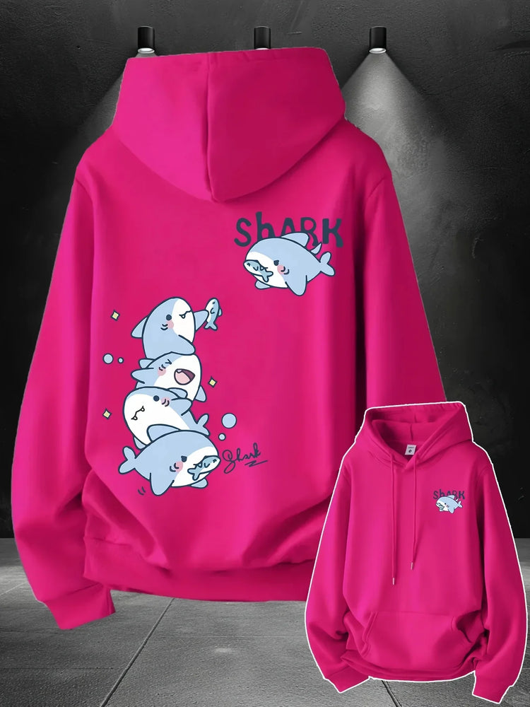 2026 Hoodie men's cute stacked cartoon shark pattern print autumn and winter loose casual pullover sweatshirt