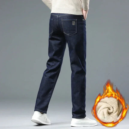 Winter Warm Fleece Jeans Men 2025 Straight Stretch Thick Casual Thermal Denim Pants Male Business Work Trousers New Men Clothing