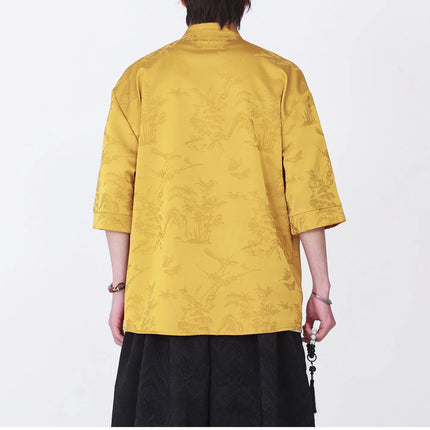 Camicie Estive da Uomo di Lusso in Jacquard Traspirante a Maniche Corte, Stile Cinese Tradizionale Kung Fu Tai Chi, Camicia Casual da Uomo