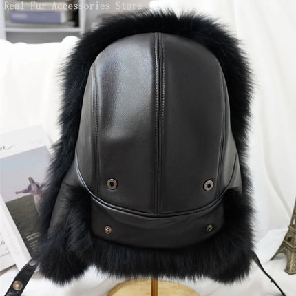 New Winter Men's 100% Real Silver Fox Fur Bomber Hat Raccoon Fur Ushanka Cap Trapper Russian Man Ski Hats Caps Real Leather