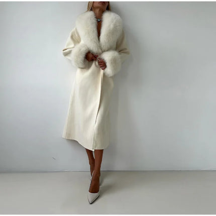 White Fur Patchwork Lace-up Overcoats Women's Street V-neck Full Sleeve Long Woolen Coat 2025 Winter New Ladies Thick Outwear