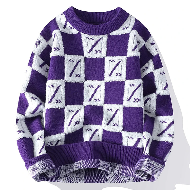New Men's Fashion Round Neck Print Sweater Autumn Winter Contrast Color Printed Letter Long Sleeve Loose Casual Knitted Tops