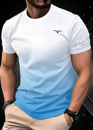 T-shirt de luxe estivale pour homme avec impression 3D dégradée, motif abstrait vagues et spirales turquoise et or, col rond à manches courtes, respirant