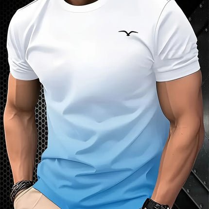 Men's Luxury Summer T-Shirt with Gradient 3D Print, Abstract Turquoise and Gold Wave and Spiral Pattern, Crew Neck, Short Sleeve, Breathable