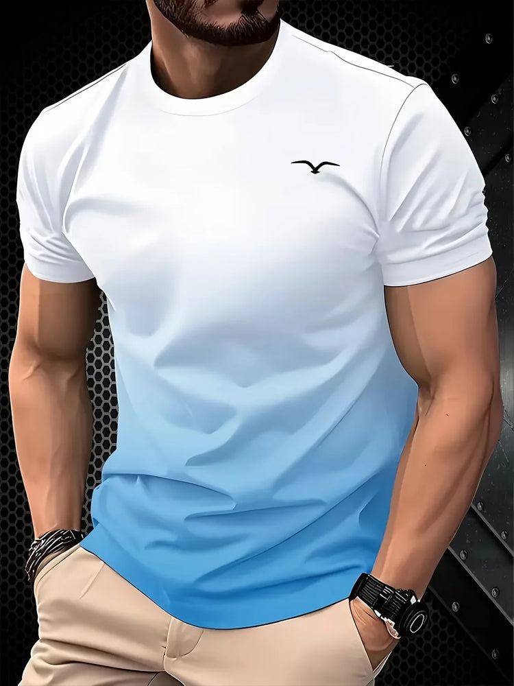 T-shirt da uomo estiva di lusso con stampa 3D sfumata, motivo astratto a onde e spirali turchese e oro, girocollo a maniche corte, traspirante