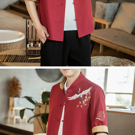 Camicie da uomo con gru ricamate Kungfu Tai Chi Casual manica corta nuovo stile cinese colletto alla coreana Cardigan in lino Tang Suit uomo Top