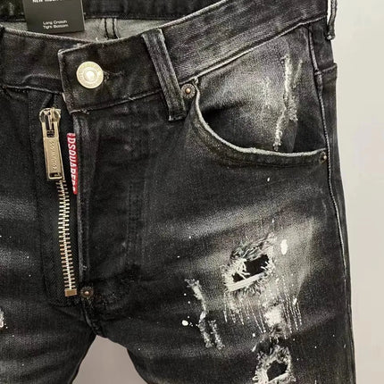 Light Luxury Washed Jeans Men's Trendy Brand Ruffian Handsome Black Ripped Patch Slim Fit Small Feet Casual Long Pants PlatiNum