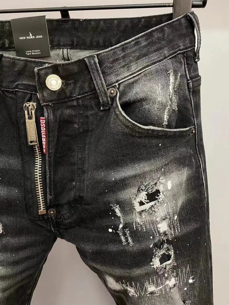 Light Luxury Washed Jeans Men's Trendy Brand Ruffian Handsome Black Ripped Patch Slim Fit Small Feet Casual Long Pants PlatiNum