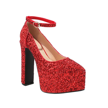 Ochanmeb Bling Bling Silver Gold Glitter Shoes Woman Ultra High Heels Platform Buckle Sequin Red Pumps Ladies Party Prom Wedding PlatiNum