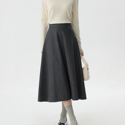 FSLE Office Lady Wool High Waisted A-line Skirt for Women Thickened Medium Length 2024 Winter New Women Casual Skirts 24FS14642 PlatiNum