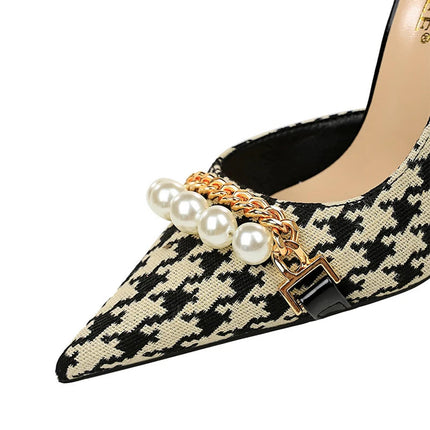 BIGTREE Scarpe 2026 Primavera Donna Pompe Catena di metallo perlato Tacchi alti Grana a quadri Tacchi a spillo Tacchi da donna Scarpe da banchetto di lusso 43 platinumshop
