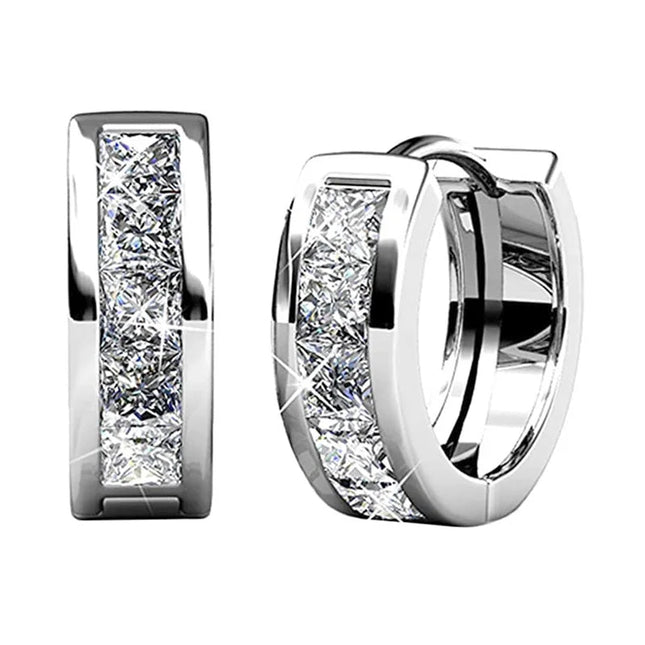 Huitan Small Round Hoop Earrings for Men/Women Shiny White Zirconia Simple Stylish Daily Wearable Earring Unisex Fashion Jewelry PlatiNum