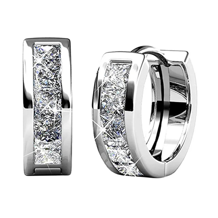 Huitan Small Round Hoop Earrings for Men/Women Shiny White Zirconia Simple Stylish Daily Wearable Earring Unisex Fashion Jewelry PlatiNum