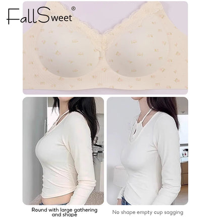 FallSweet French Floral Wireless Push Up Bra for Women Sweet Lace Bralette with Small Breasts Anti-sagging Brassiere Lingerie