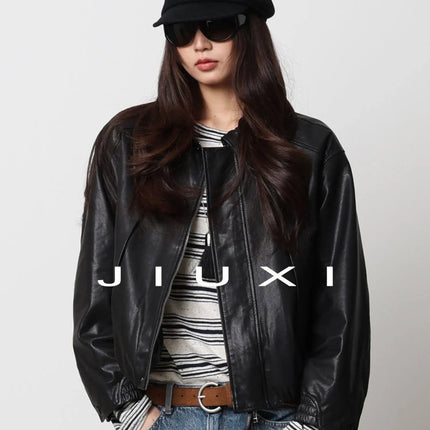 Soft Sheepskin Genuine Leather Cropped Jacket Women Lapel Zip Up Snap Button Side Pockets Casual Autumn Real Leather Outerwear