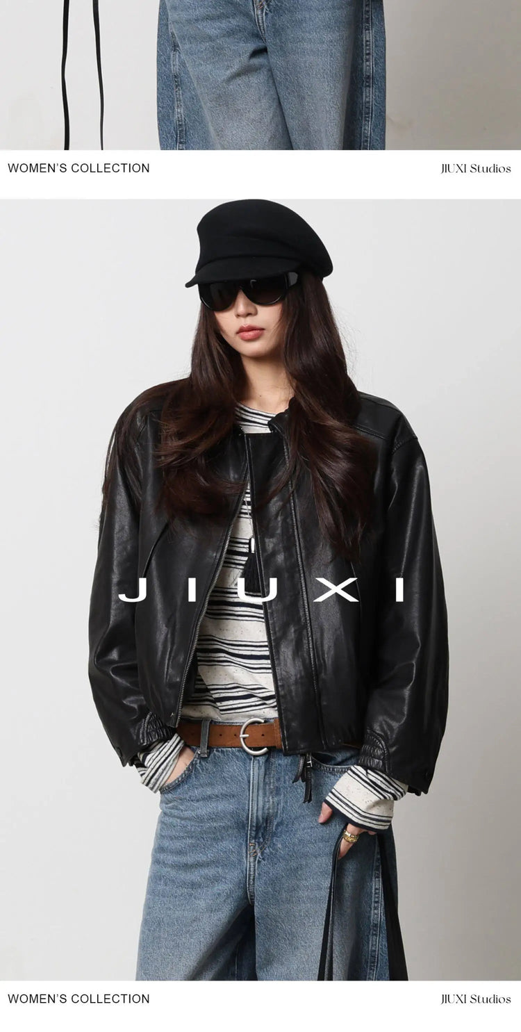Soft Sheepskin Genuine Leather Cropped Jacket Women Lapel Zip Up Snap Button Side Pockets Casual Autumn Real Leather Outerwear