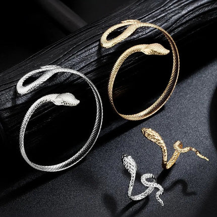 Offerta Speciale: Set di 2 Bracciali e Anelli a Forma di Serpente Punk, Bracciali Apribili a Spirale e Anelli per Dita, Gioielli per Mani Unisex platinumshop