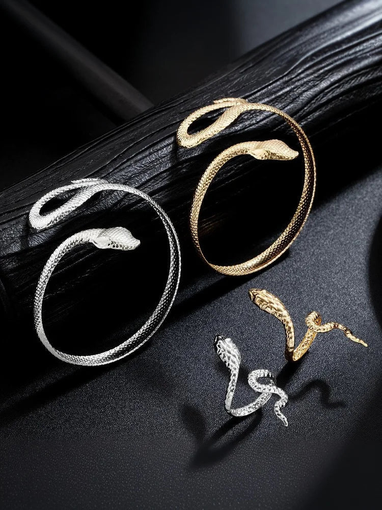 Offerta Speciale: Set di 2 Bracciali e Anelli a Forma di Serpente Punk, Bracciali Apribili a Spirale e Anelli per Dita, Gioielli per Mani Unisex platinumshop