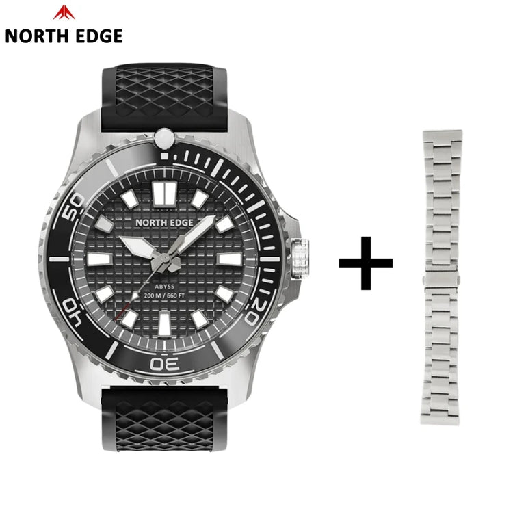 NORTH EDGE NEW Design ABYSS Solar Powered Dive Quartz Wristwatch 200M Waterproof Sports Diving Watch 316L Soft Strap Men Watches