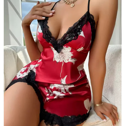 Lace Trim Leopard Nightdress V Neck Backless Side Split Slip Sleep Dress Women's Sleepwear Dresses