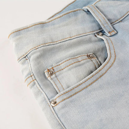 Men Pale Light Blue Biker Jeans Cracked Pleated Patch Patchwork Stretch Denim Pants Streetwear Holes Ripped Skinny Trousers PlatiNum