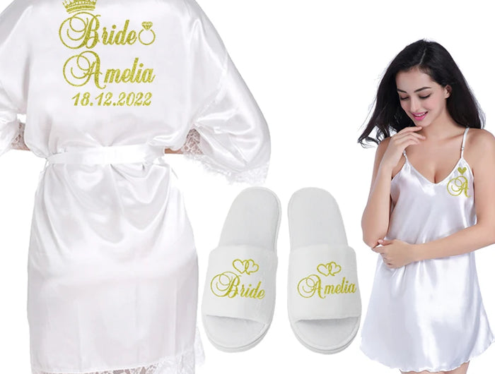Data personalizzata Nome Kimono in pizzo Abito da donna Matrimonio Sposa Abiti da damigella d'onore Addio al nubilato Preparewear