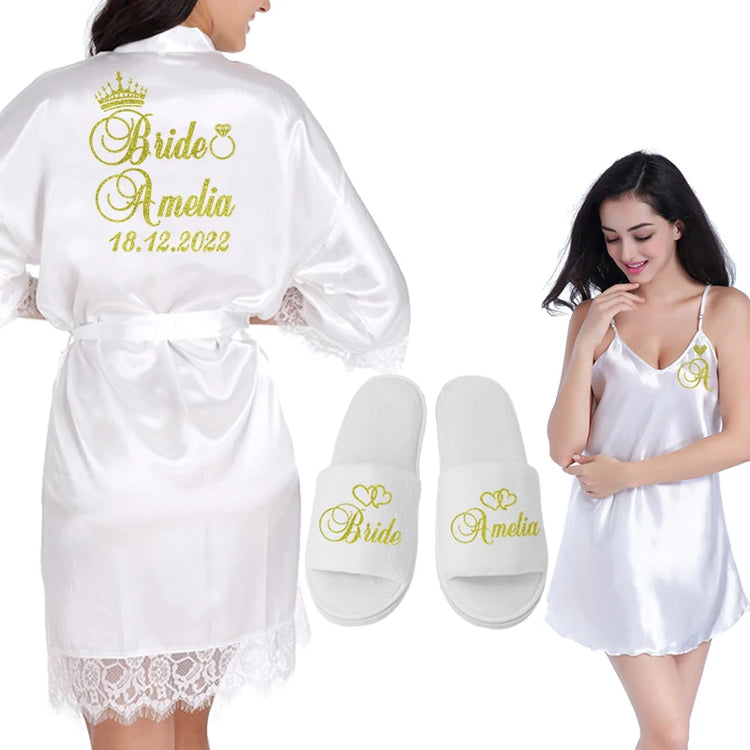 Data personalizzata Nome Kimono in pizzo Abito da donna Matrimonio Sposa Abiti da damigella d'onore Addio al nubilato Preparewear