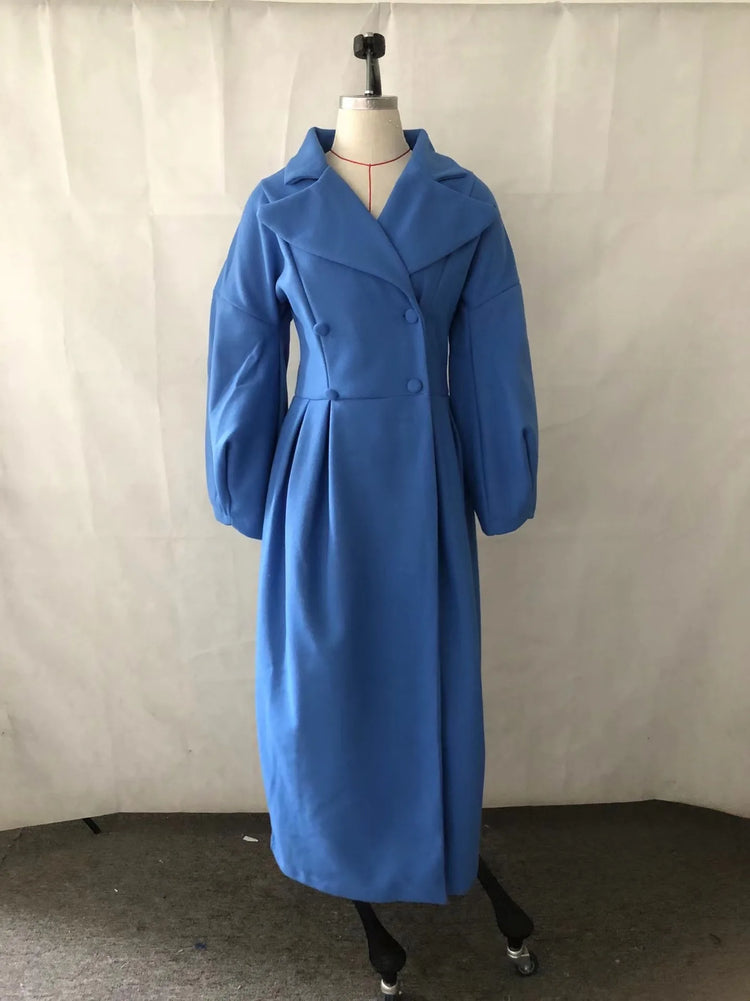 European American Retro Court Style Wool Coat, Long Length with Big Lapel & Lantern Sleeves, New Autumn Winter Outerwear