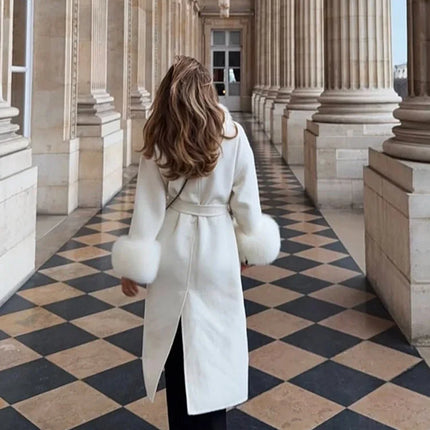 White Fur Patchwork Lace-up Overcoats Women's Street V-neck Full Sleeve Long Woolen Coat 2025 Winter New Ladies Thick Outwear