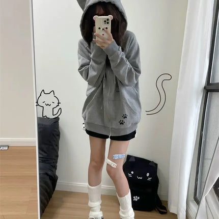 Zipper Hoodie Gothic Cartoon Kawaii Cat Ear Y2k Jacket Zip Up Thin Coat Spring Autumn Cute Core 2000s Clothes Fall Sweatshirts