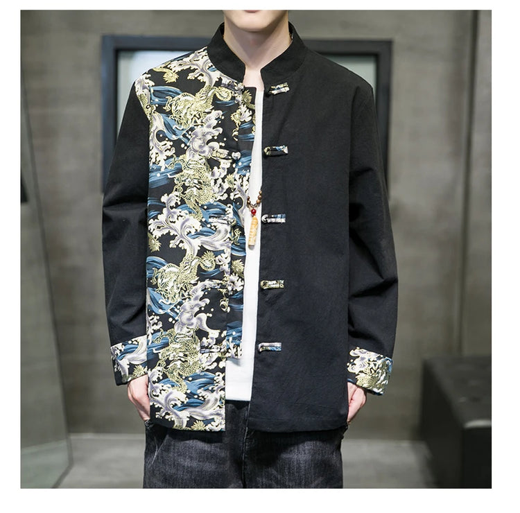 Camicie da uomo ricamate 2026 primavera stile cinese retrò colletto alla coreana giacca in cotone e lino cardigan da uomo Kungfu allentato casual Top
