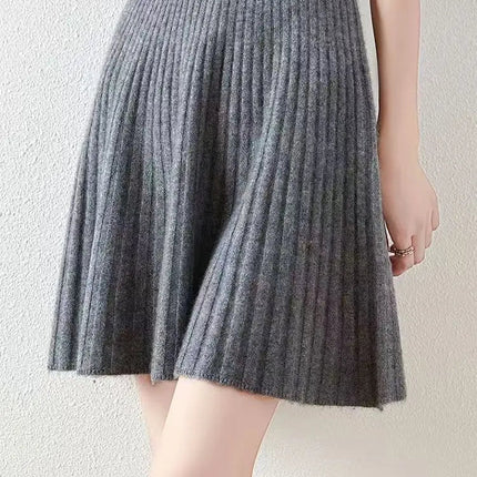 100% Merino Wool Mini Skirt Korean Women's AutumnWinter Fashionable Solid Color Elastic Waist Knitted Pleated Skirt PlatiNum
