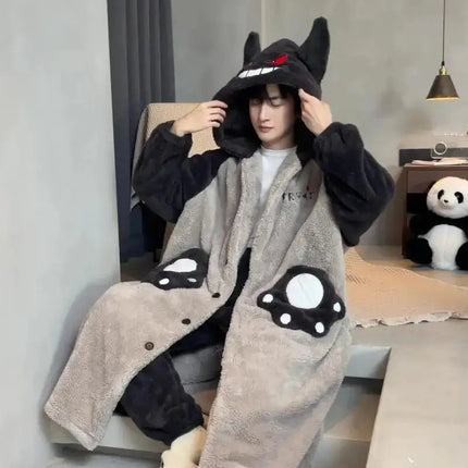 Kawaii Pokemon Pikachu Print Men's Fleece Pajama Set Hooded Robe + Pants Super Soft Winter Loungewear Cute Anime Sleepwear New