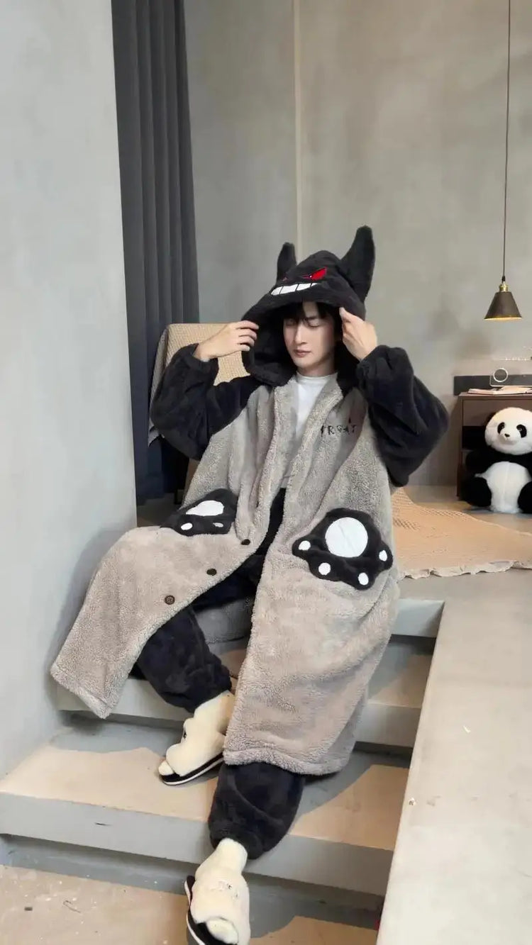 Kawaii Pokemon Pikachu Print Men's Fleece Pajama Set Hooded Robe + Pants Super Soft Winter Loungewear Cute Anime Sleepwear New
