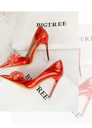 BIGTREE Scarpe con fiocco in strass Décolleté da donna Scarpe da banchetto di lusso Tacchi alti sexy Scarpe da festa con tacco a spillo da donna di grandi dimensioni 41 42 43