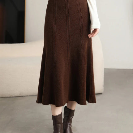 Grace Women's Skirt 100% Merino Wool Skirt Hip Hugging A-Line Wave Skirt Knitted Warm Autumn Winter Dress Slim Office Lady Skirt PlatiNum
